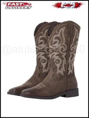 Faux Leather Square Toe Western Cowgirl Boots Mid-Calf Block Heel
